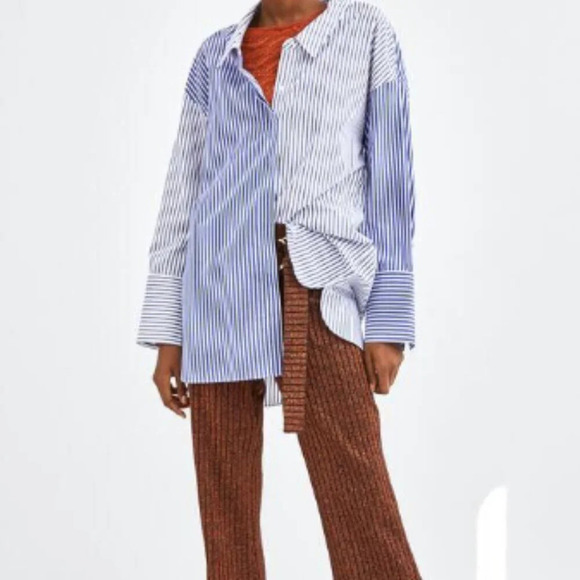 Zara Trf  Blouse Oversized To Striped Classic Button two color Blue. Small - Picture 1 of 11